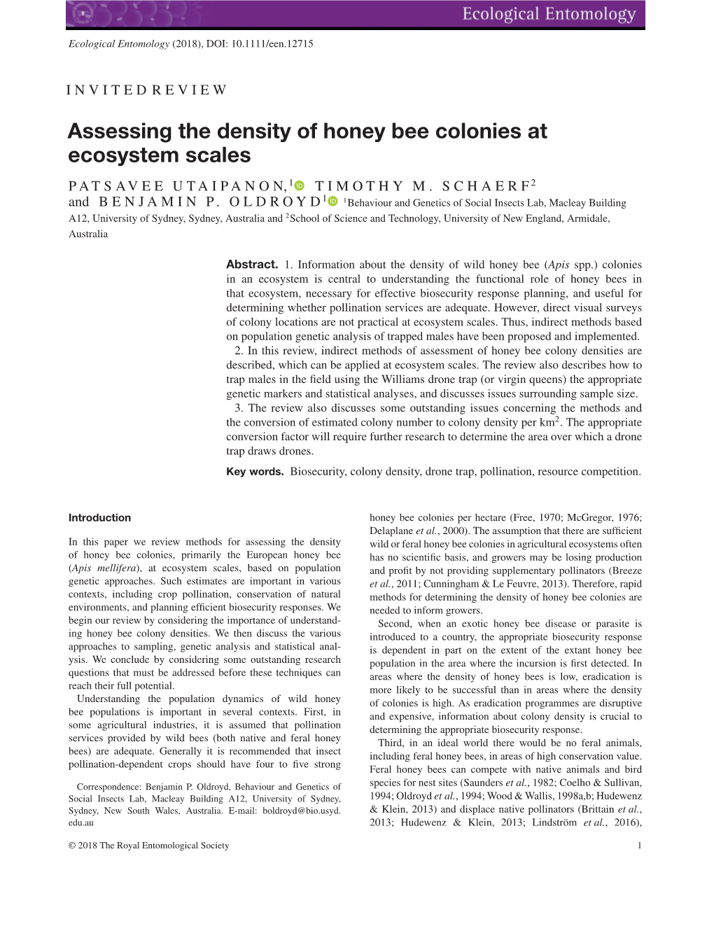 Assessing the Density of Honey Bee Colonies at Ecosystem Scales PATSAVEE UTAIPANON,1 TIMOTHY M