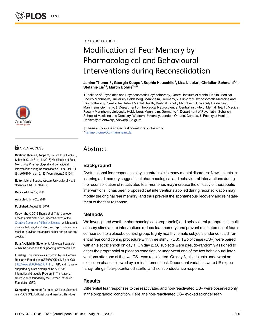 Modification of Fear Memory by Pharmacological and Behavioural Interventions During Reconsolidation