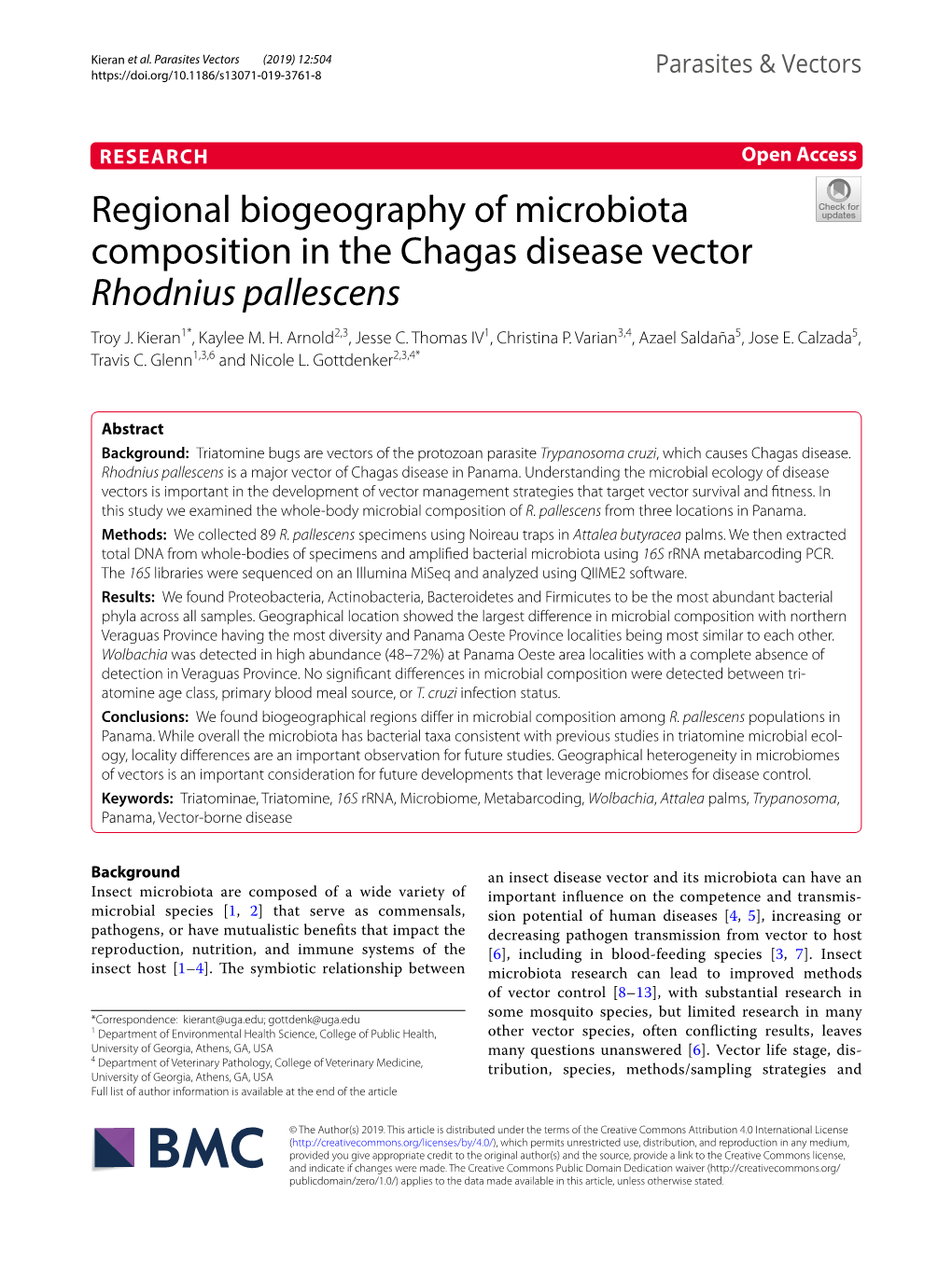 Regional Biogeography of Microbiota Composition in the Chagas Disease Vector Rhodnius Pallescens Troy J