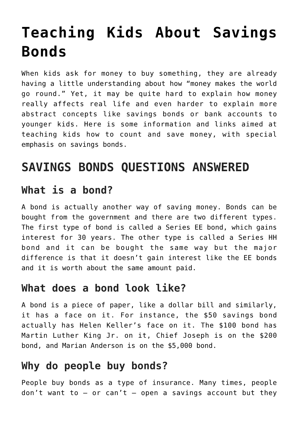 Teaching Kids About Savings Bonds