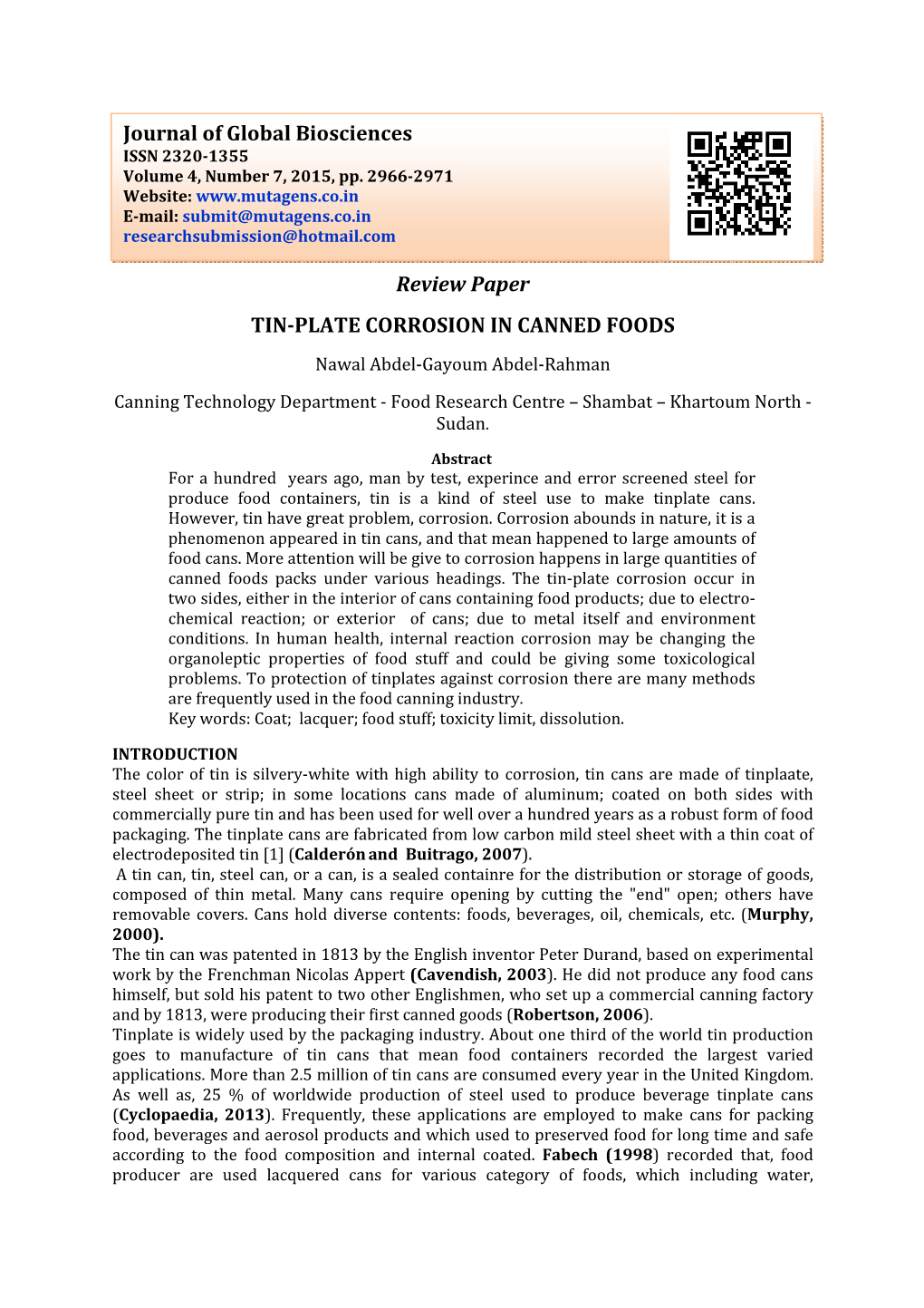 Review Paper TIN-PLATE CORROSION in CANNED FOODS Journal of Global Biosciences