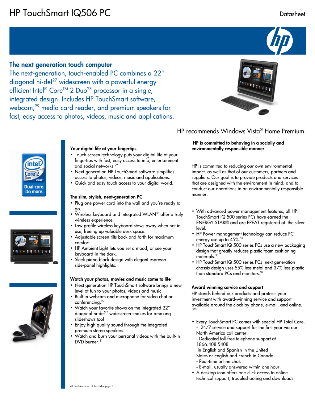 HP Touchsmart IQ506 PC Datasheet