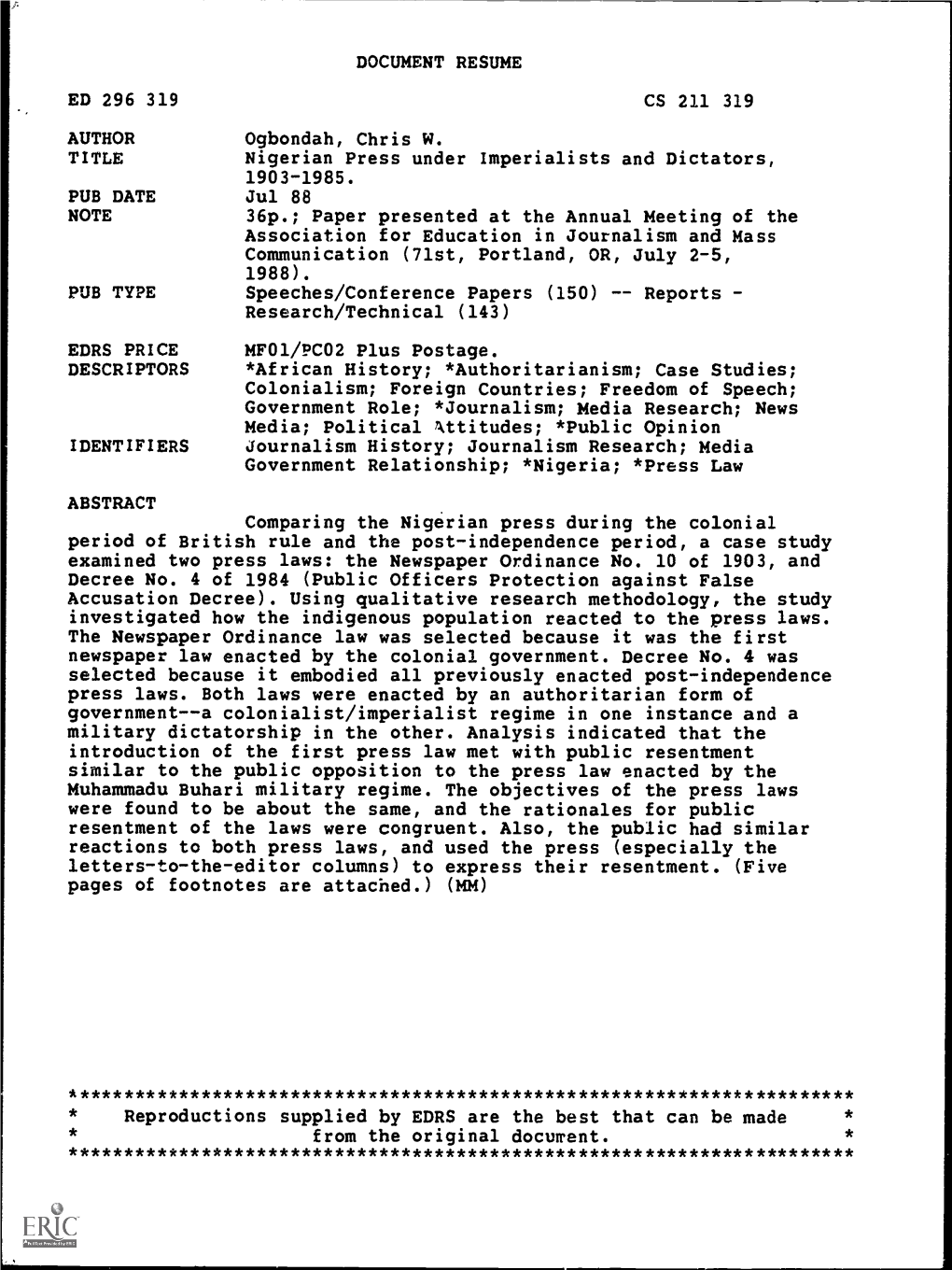 Nigerian Press Under Imperialists and Dictators, 1903-1985