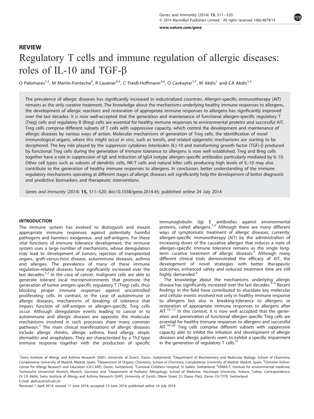 Regulatory T Cells and Immune Regulation of Allergic Diseases: Roles of IL-10 and TGF-B