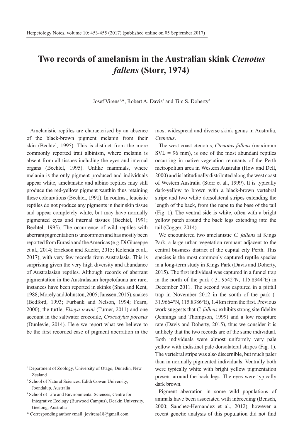 Two Records of Amelanism in the Australian Skink Ctenotus Fallens (Storr, 1974)