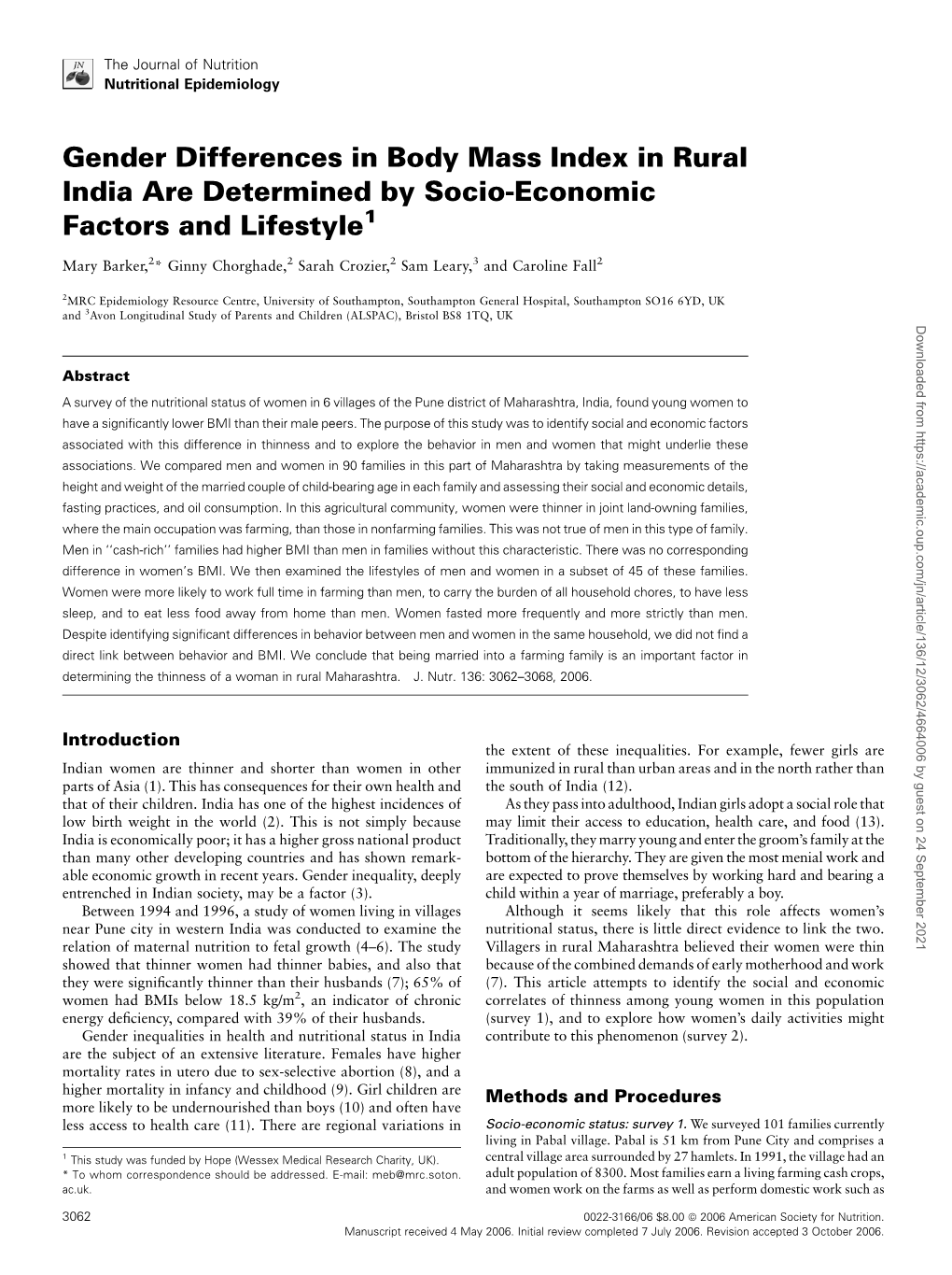 Gender Differences in Body Mass Index in Rural India Are Determined by Socio-Economic Factors and Lifestyle1