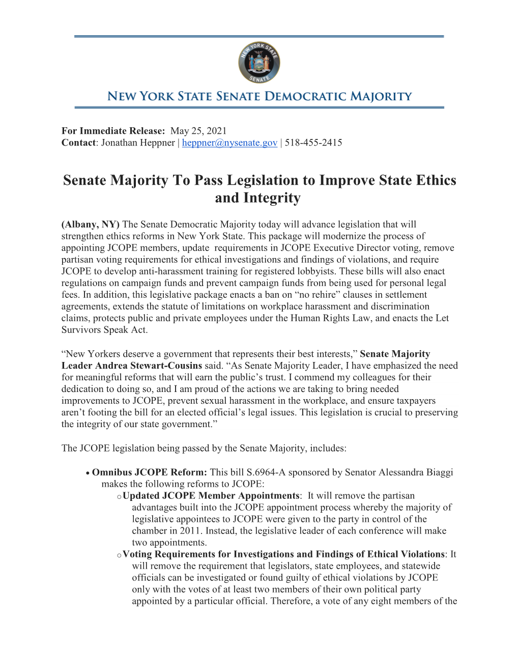 Senate Majority to Pass Legislation to Improve State Ethics and Integrity