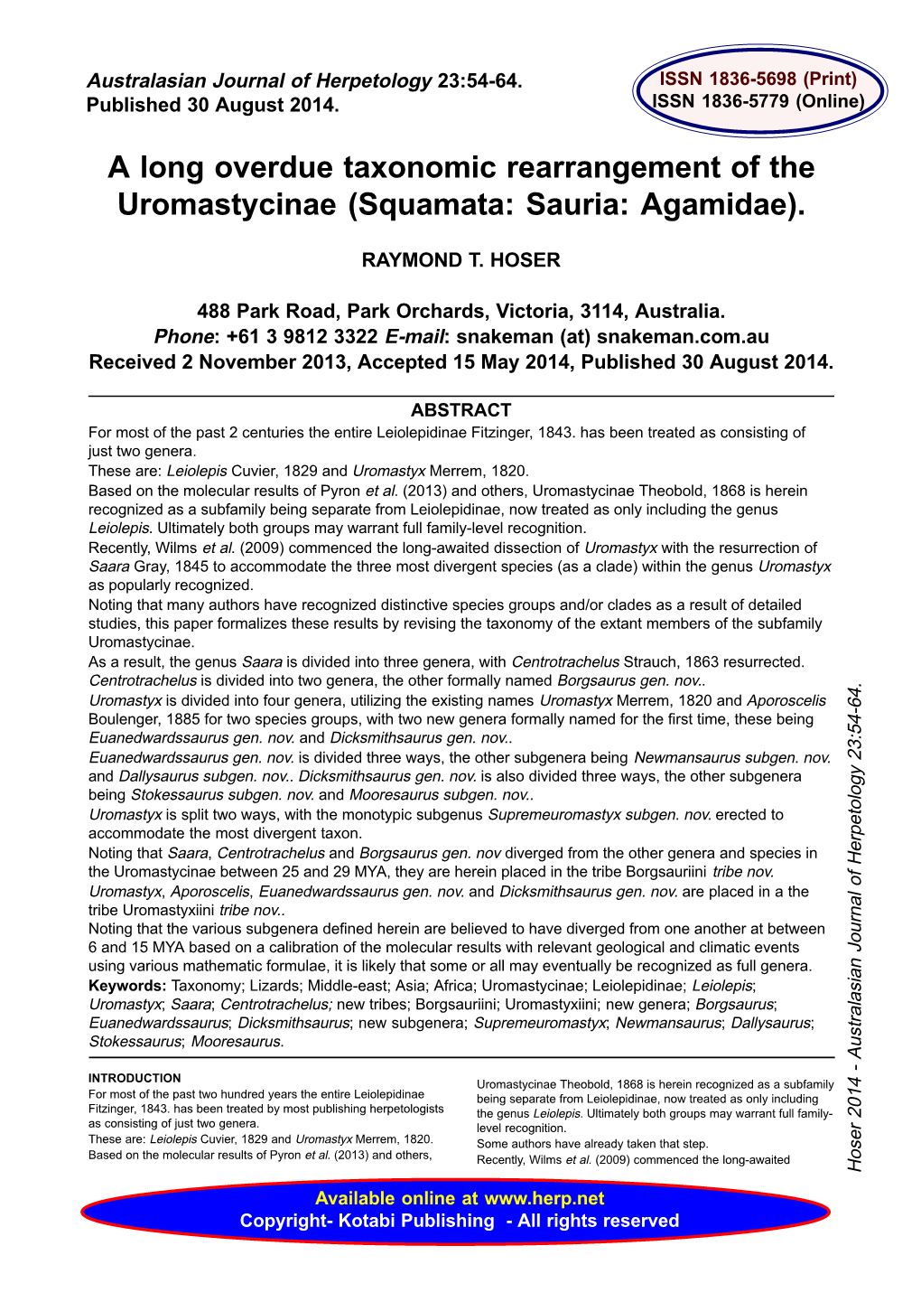 A Long Overdue Taxonomic Rearrangement of the Uromastycinae (Squamata: Sauria: Agamidae)