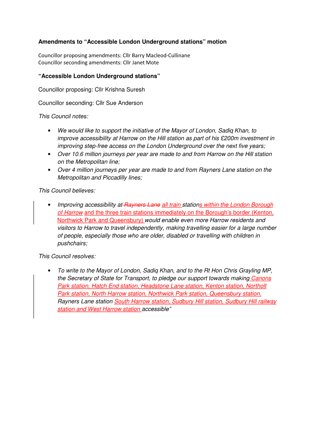 “Accessible London Underground Stations” Motion Councillor Proposing Amendments