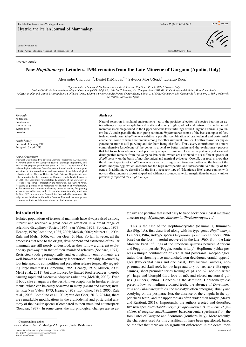 New Hoplitomeryx Leinders, 1984 Remains from the Late Miocene of Gargano (Apulia, Italy)