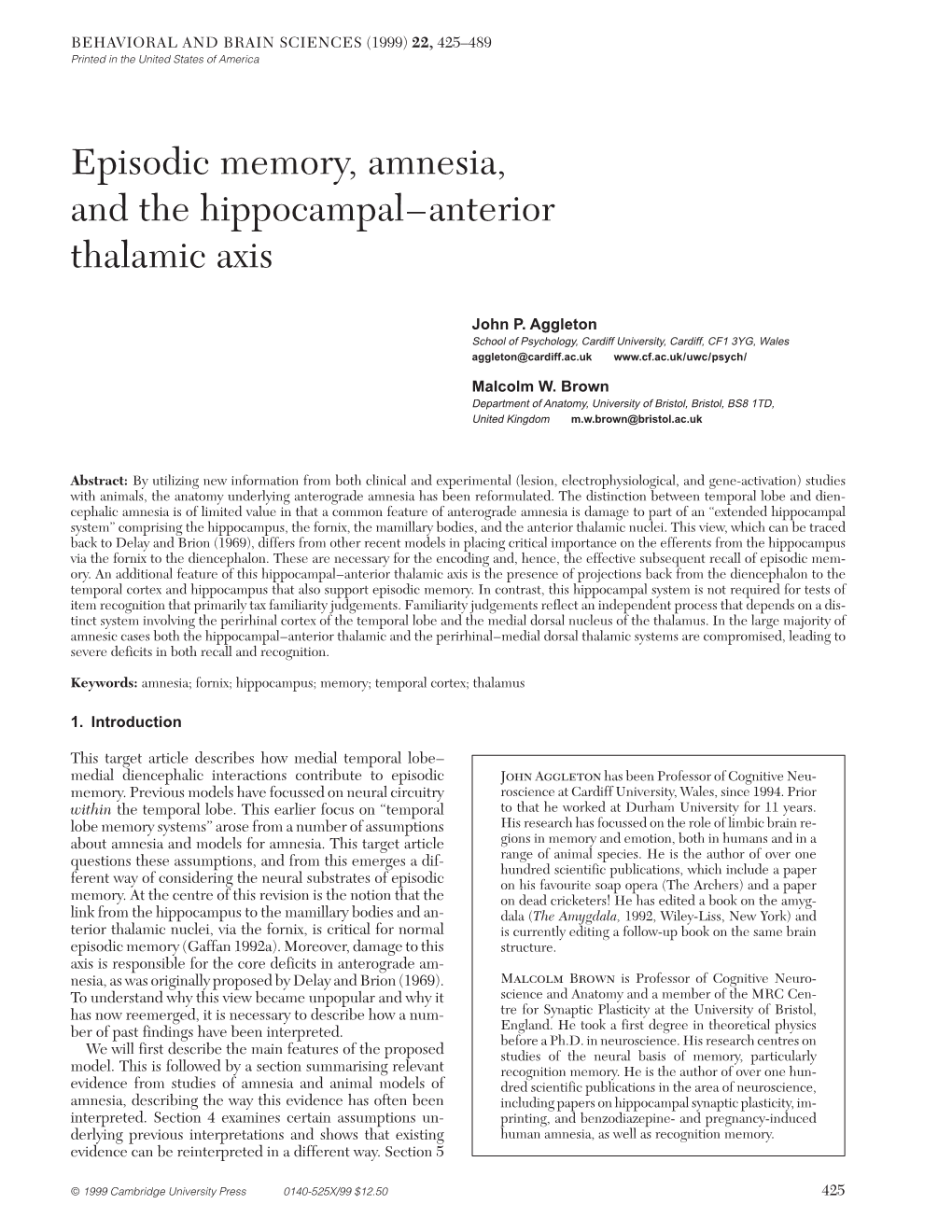 Episodic Memory, Amnesia, and the Hippocampal–Anterior Thalamic Axis