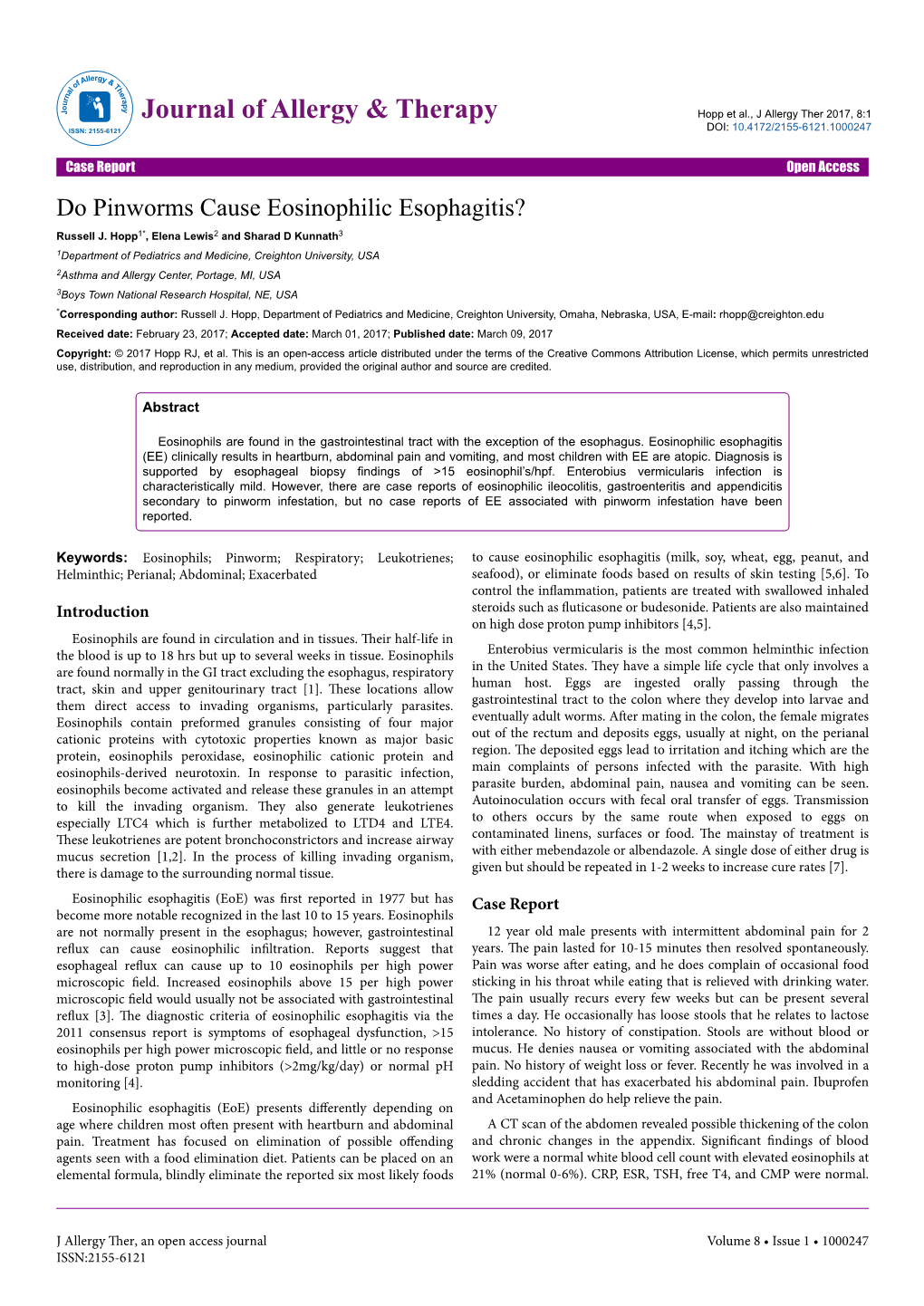 Do Pinworms Cause Eosinophilic Esophagitis? Russell J