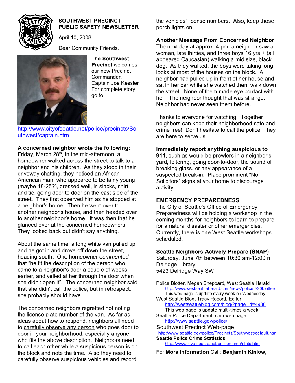 Southwest Precinct Public Safety Newsletter