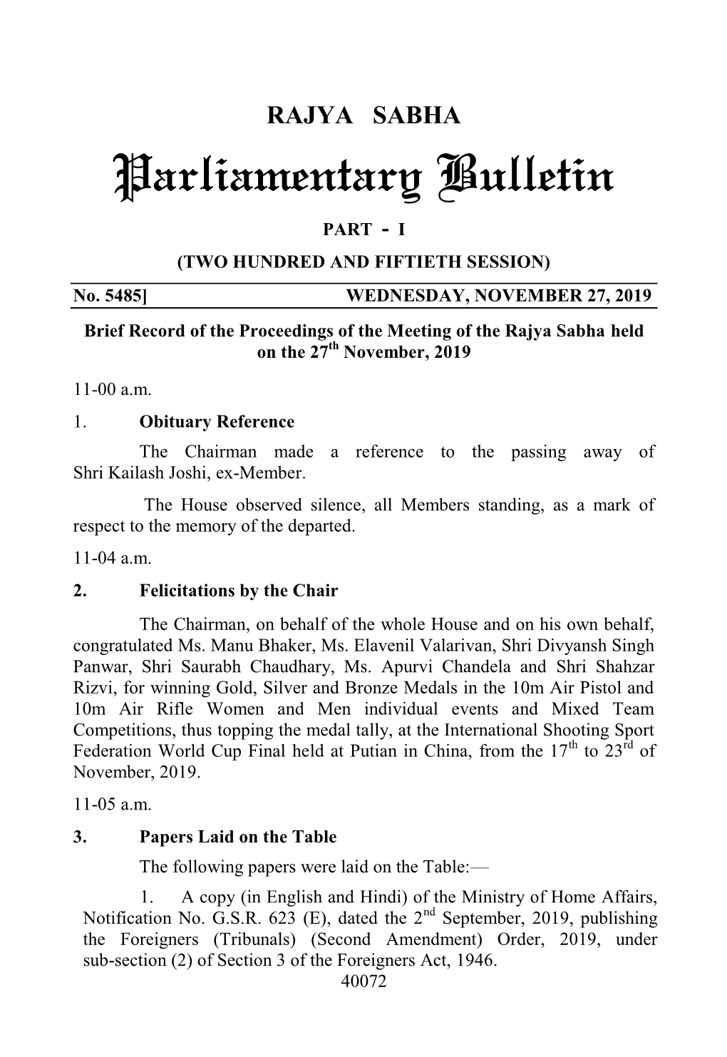 RAJYA SABHA Parliamentary Bulletin