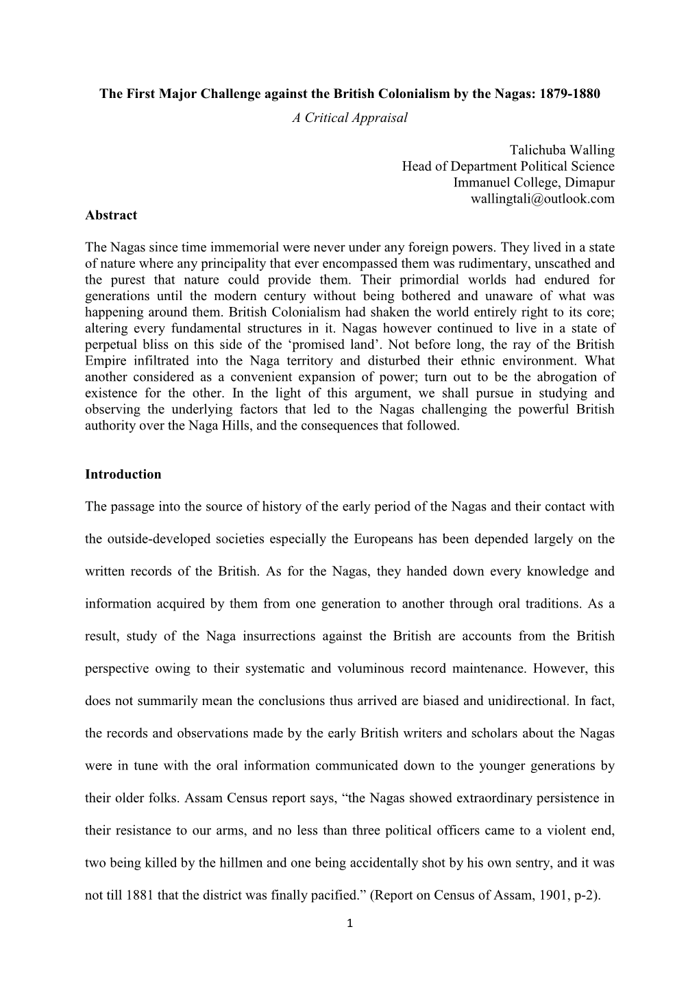 The First Major Challenge Against the British Colonialism by the Nagas: 1879-1880 a Critical Appraisal