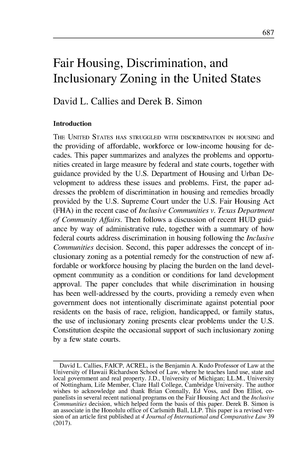 Fair Housing, Discrimination, and Inclusionary Zoning in the United States