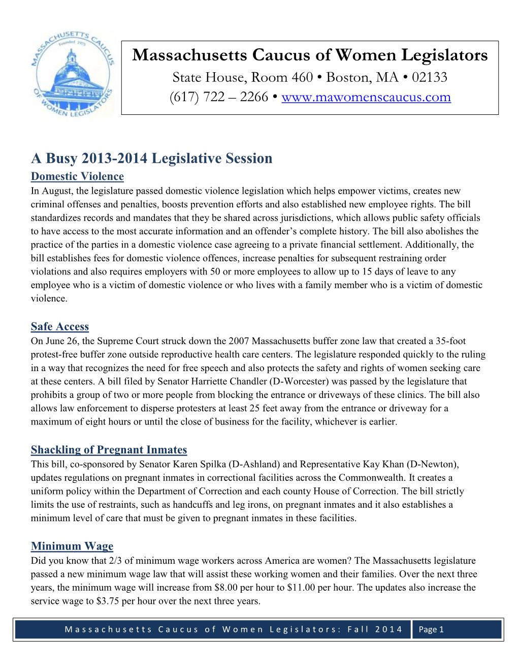 Massachusetts Caucus of Women Legislators State House, Room 460 • Boston, MA • 02133