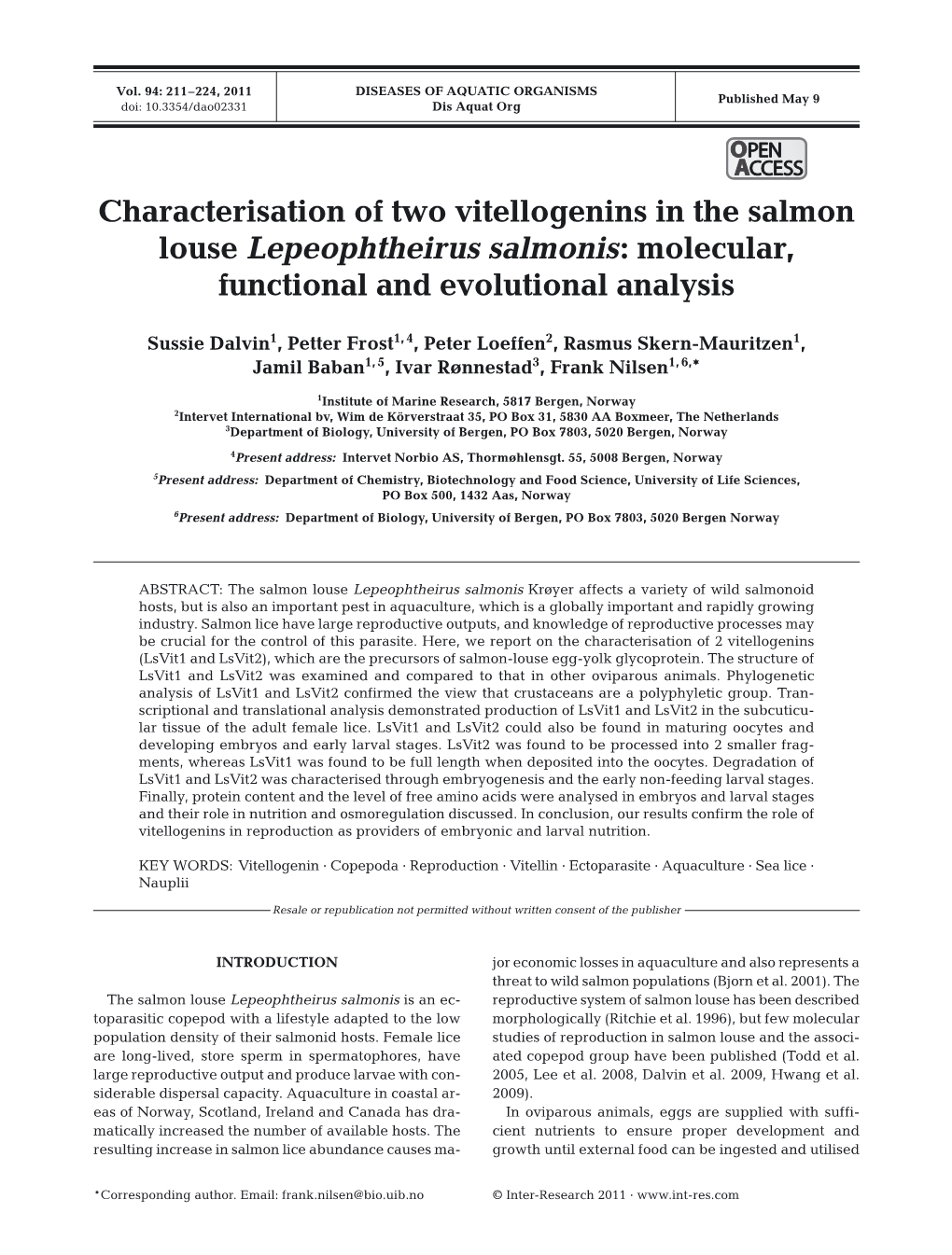 Characterisation of Two Vitellogenins in the Salmon Louse Lepeophtheirus Salmonis: Molecular, Functional and Evolutional Analysis