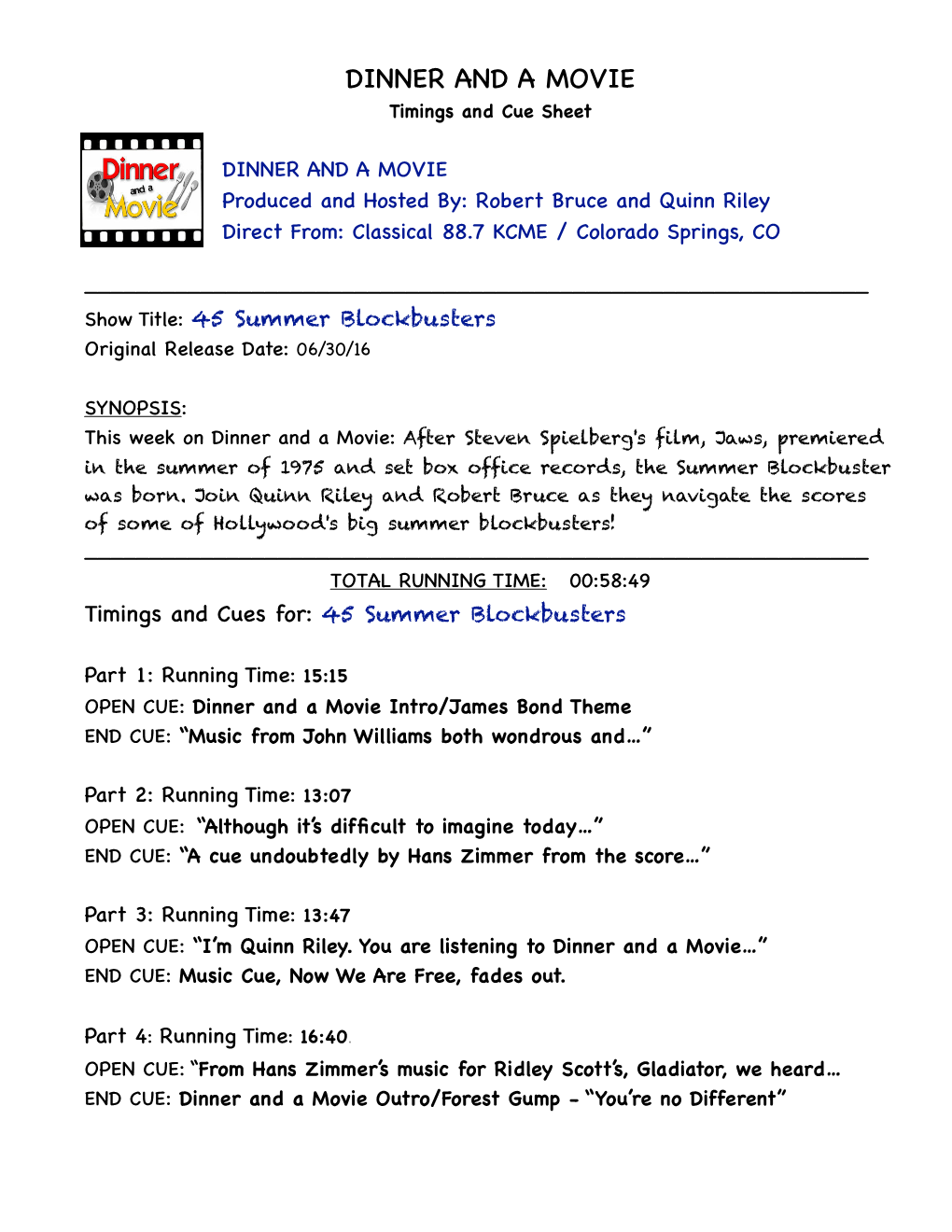 45 Summer Blockbusters Cue Sheet and Discography