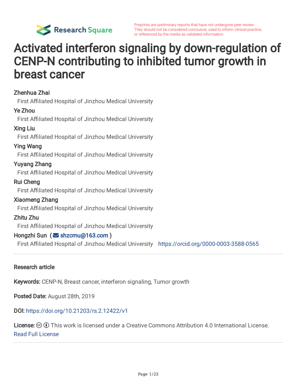 Activated Interferon Signaling by Down-Regulation of CENP-N Contributing to Inhibited Tumor Growth in Breast Cancer