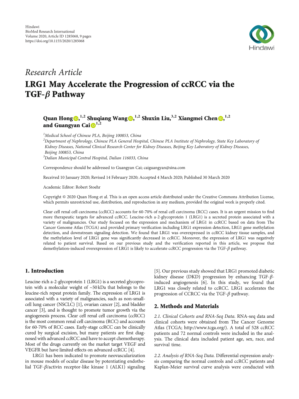 LRG1 May Accelerate the Progression of Ccrcc Via the TGF-Β Pathway