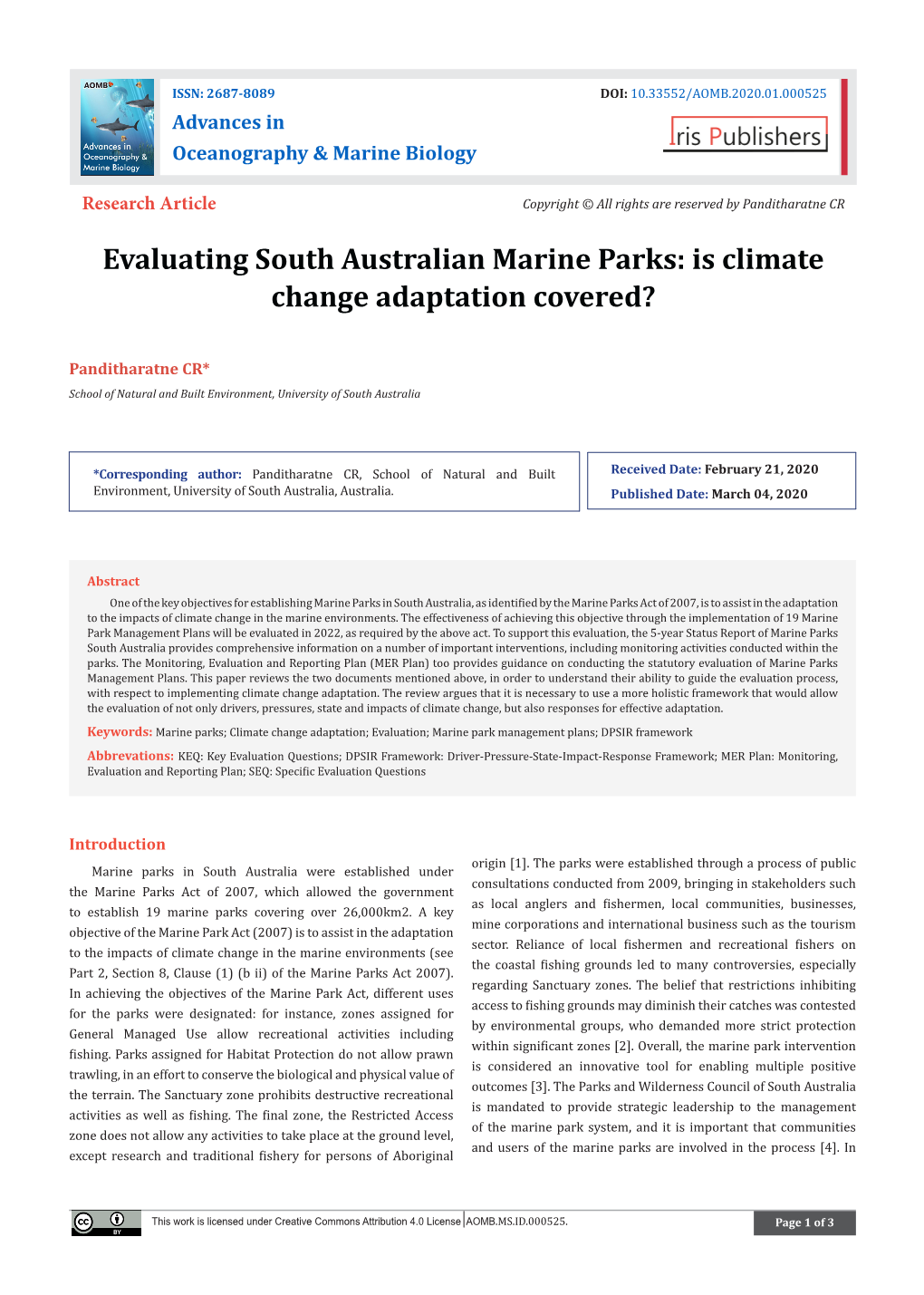 Evaluating South Australian Marine Parks: Is Climate Change Adaptation Covered?