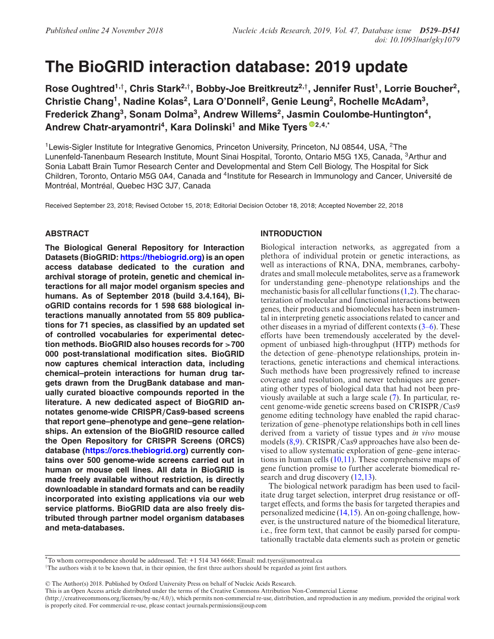 The Biogrid Interaction Database