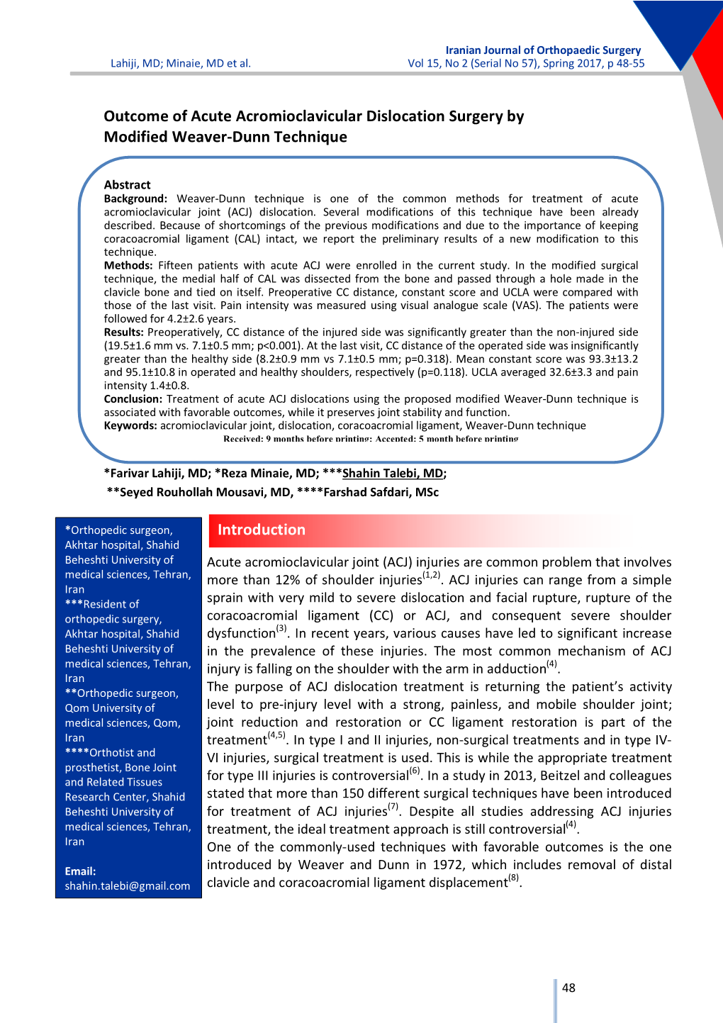 Outcome of Acute Acromioclavicular Dislocation Surgery by Modified Weaver-Dunn Technique