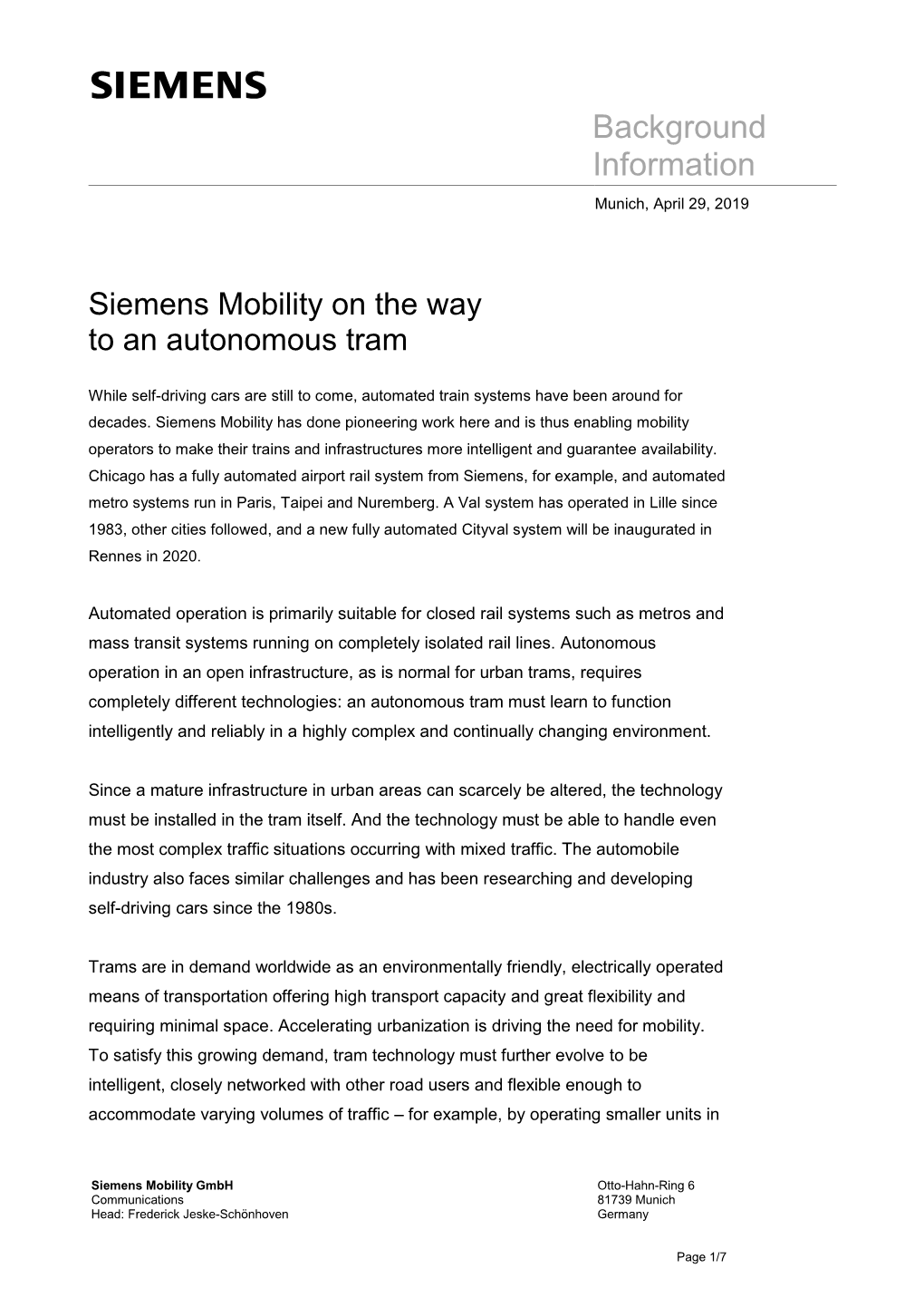 Background Information: Siemens Mobility on the Way to an Autonomous Tram