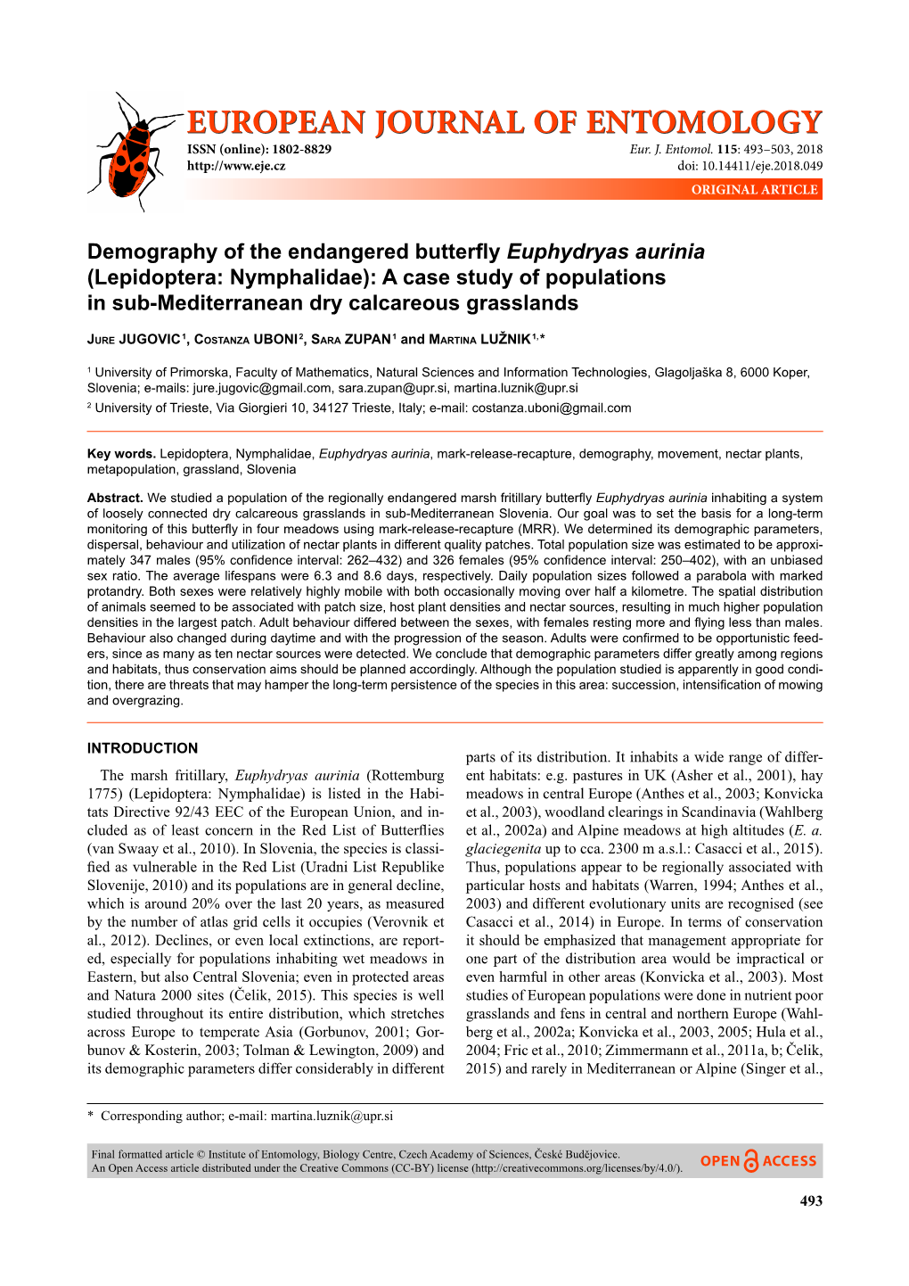 Demography of the Endangered Butterfly Euphydryas Aurinia