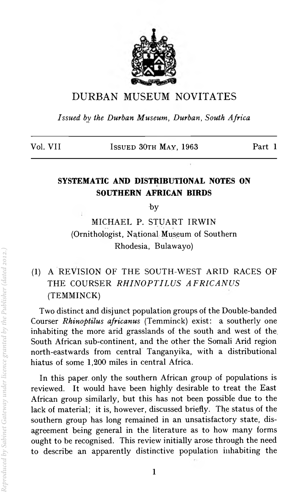 Systematic and Distributional Notes on Southern African Birds.Pdf