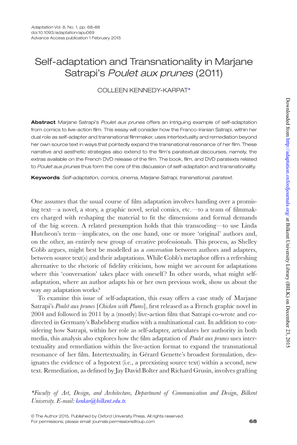 Self-Adaptation and Transnationality in Marjane Satrapi's Poulet Aux