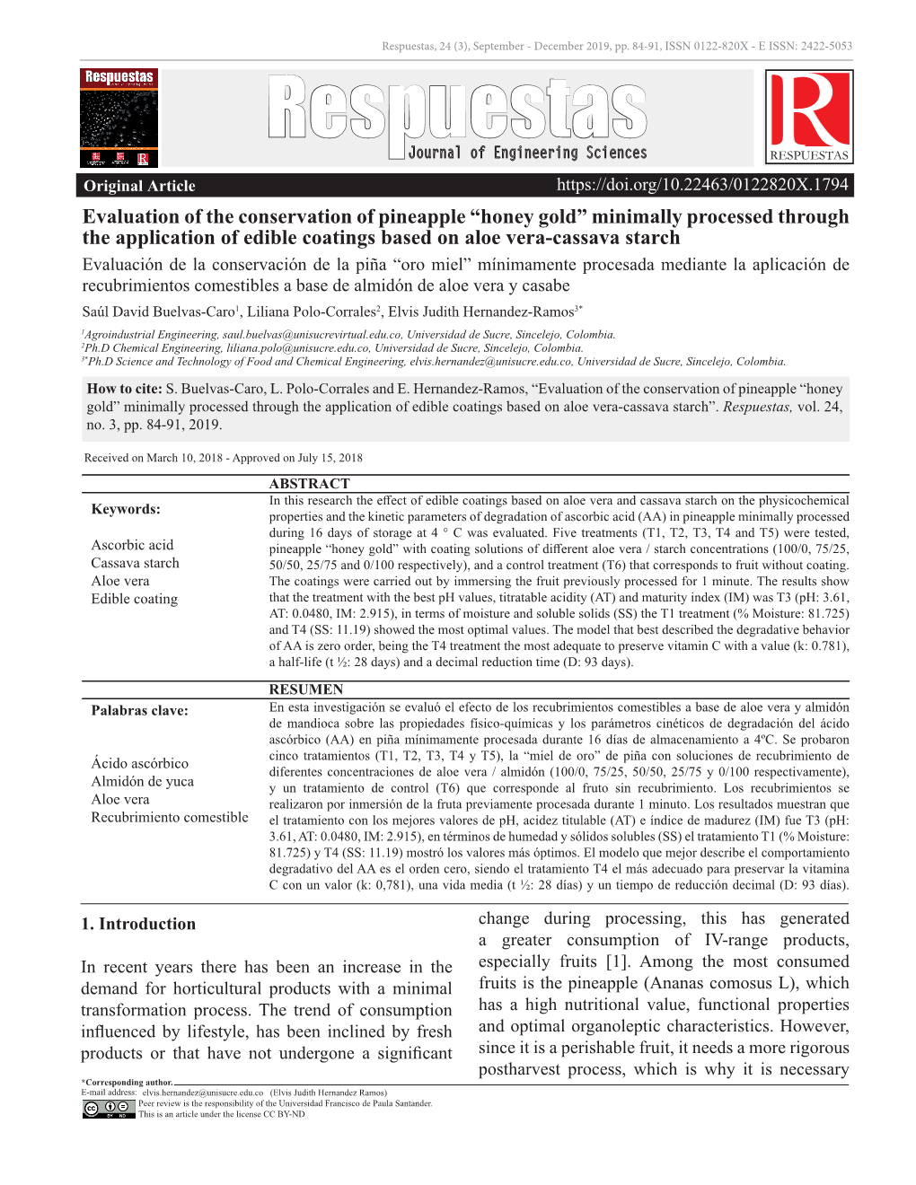 Evaluation of the Conservation of Pineapple “Honey Gold” Minimally