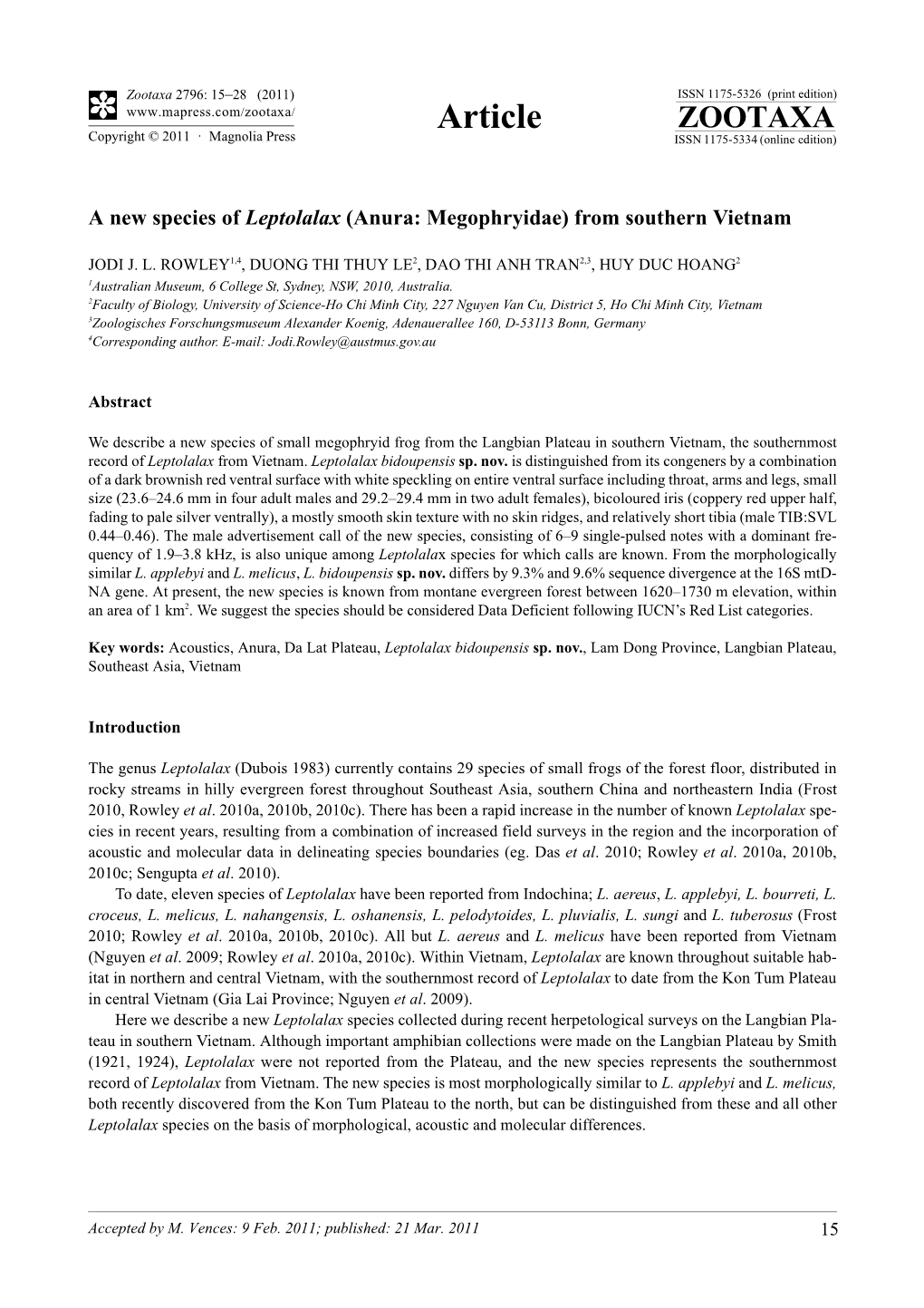 A New Species of Leptolalax (Anura: Megophryidae) from Southern Vietnam