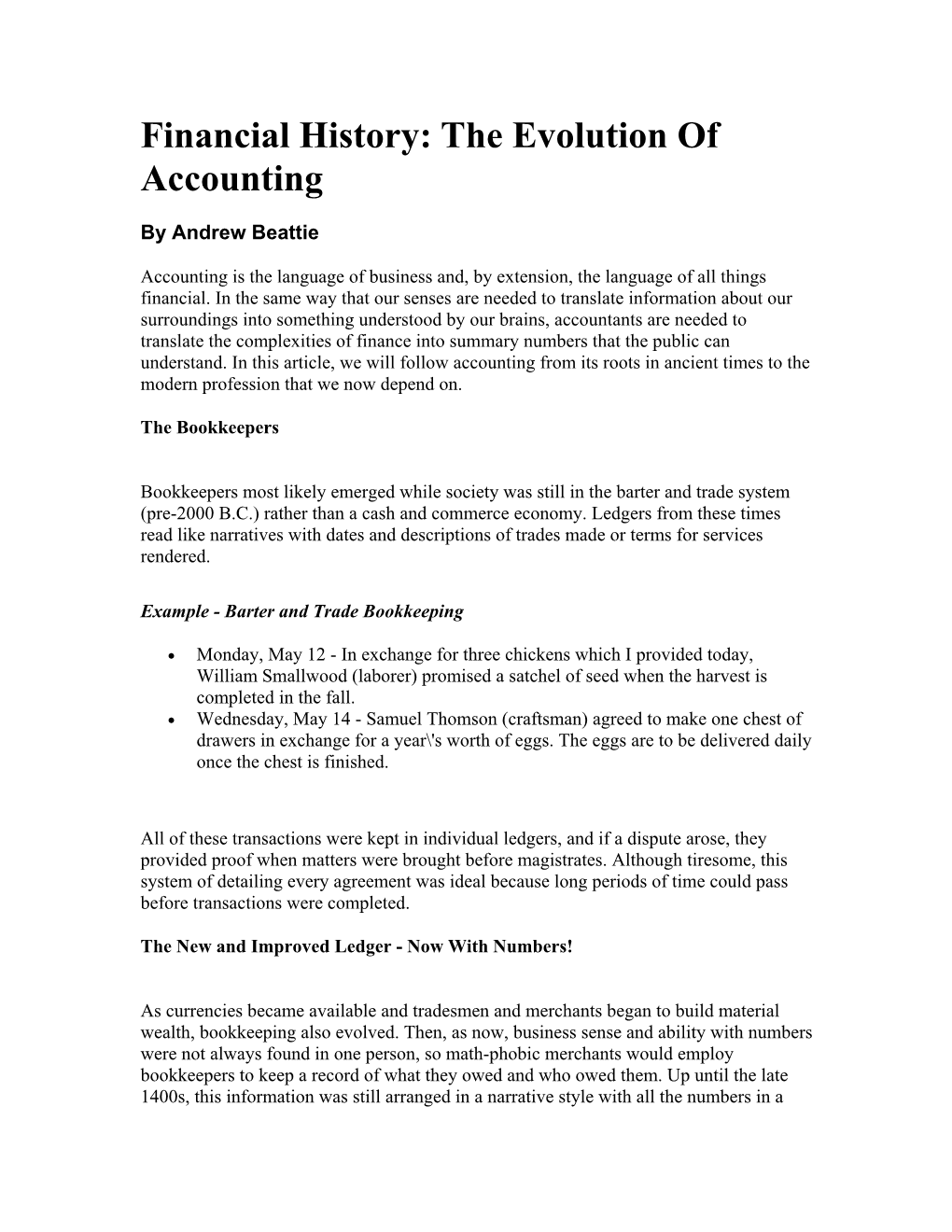 Financial History: the Evolution of Accounting