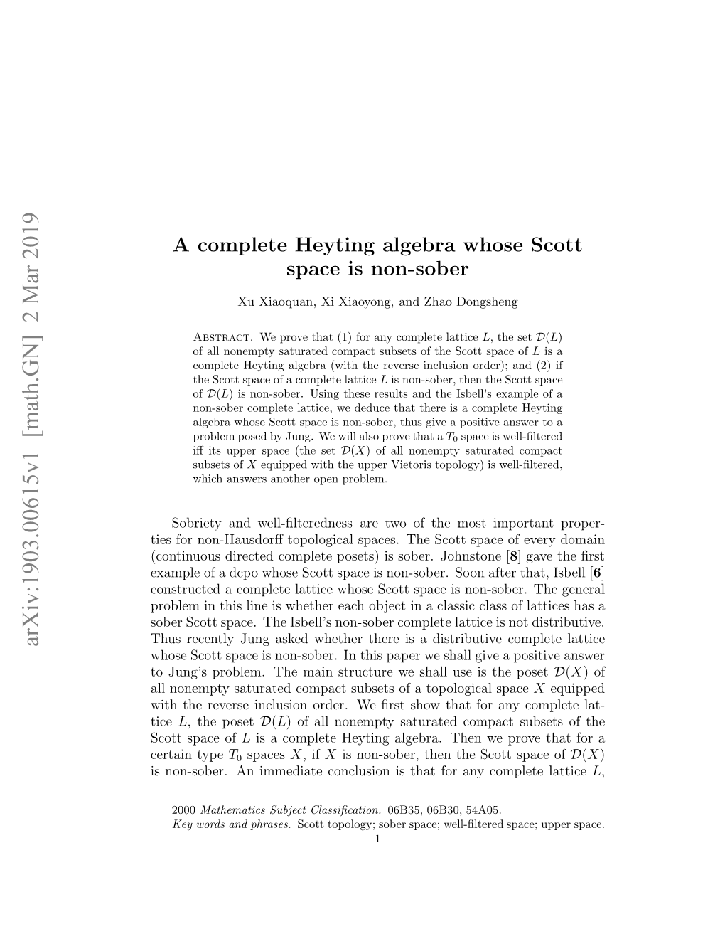 A Complete Heyting Algebra Whose Scott Space Is Non-Sober, Thus Answer Jung’S Problem