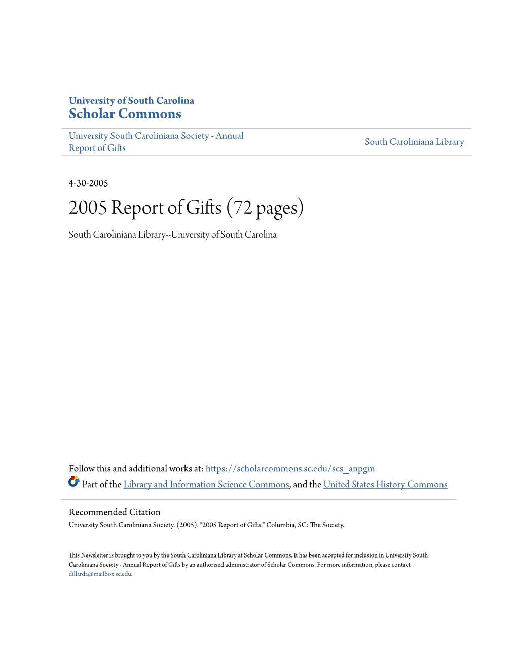 2005 Report of Gifts (72 Pages) South Caroliniana Library--University of South Carolina