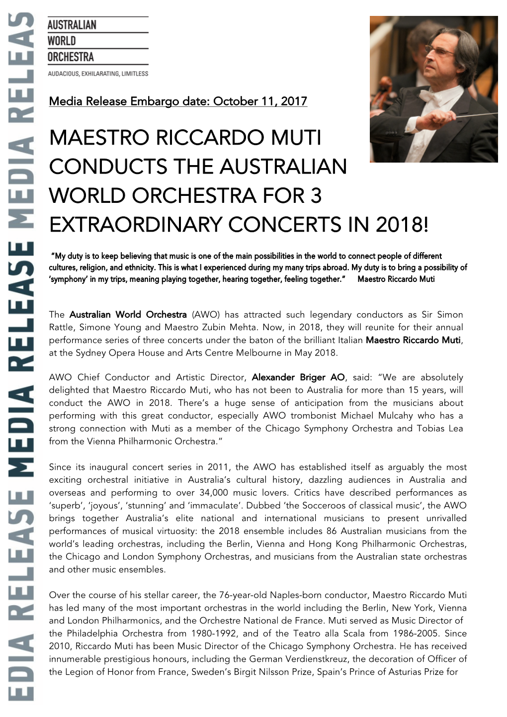 Maestro Riccardo Muti Conducts the Australian World Orchestra for 3 Extraordinary Concerts in 2018!