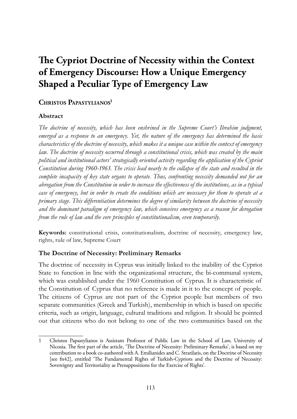 The Cypriot Doctrine of Necessity Within the Context of Emergency Discourse: How a Unique Emergency Shaped a Peculiar Type of Emergency Law