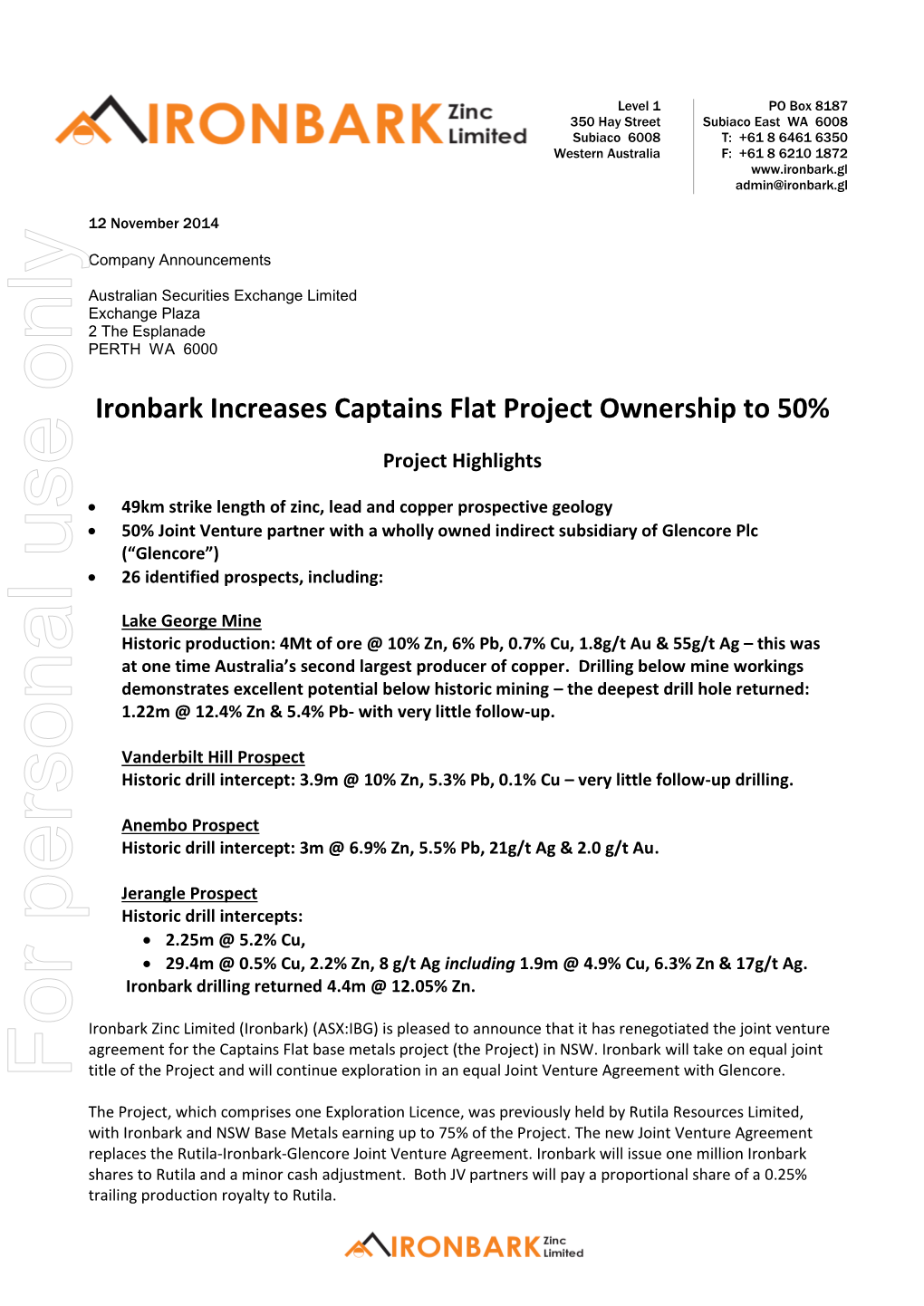 For Personal Use Only Use Personal for Title of the Project and Will Continue Exploration in an Equal Joint Venture Agreement with Glencore