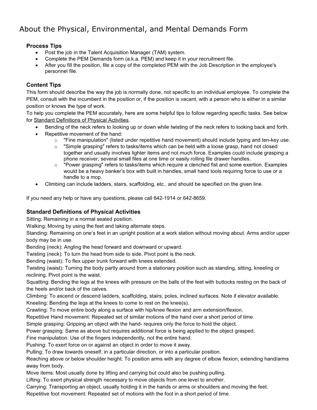 Physical/Environmental/Mental Demands Form (PEM)