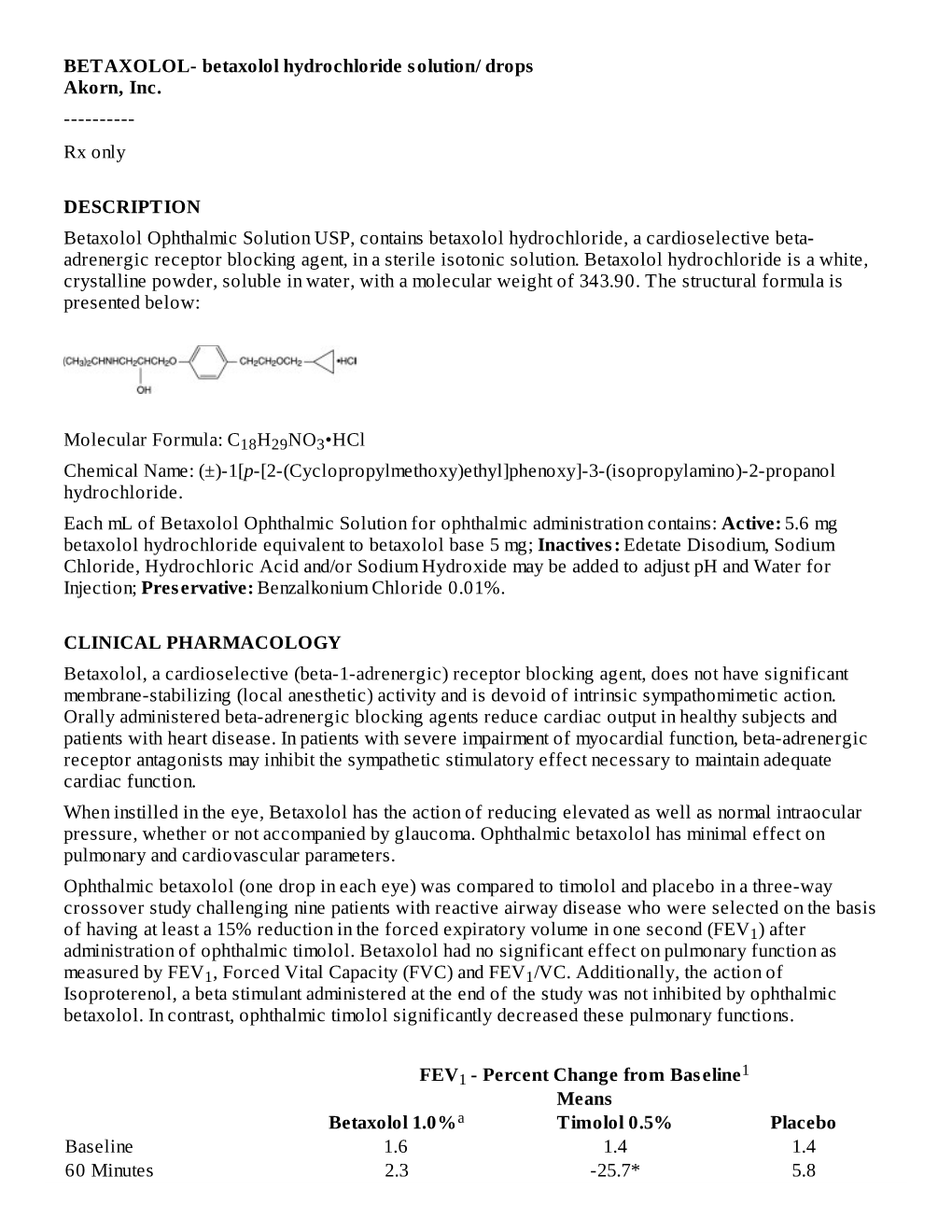 BETAXOLOL- Betaxolol Hydrochloride Solution/ Drops Akorn, Inc