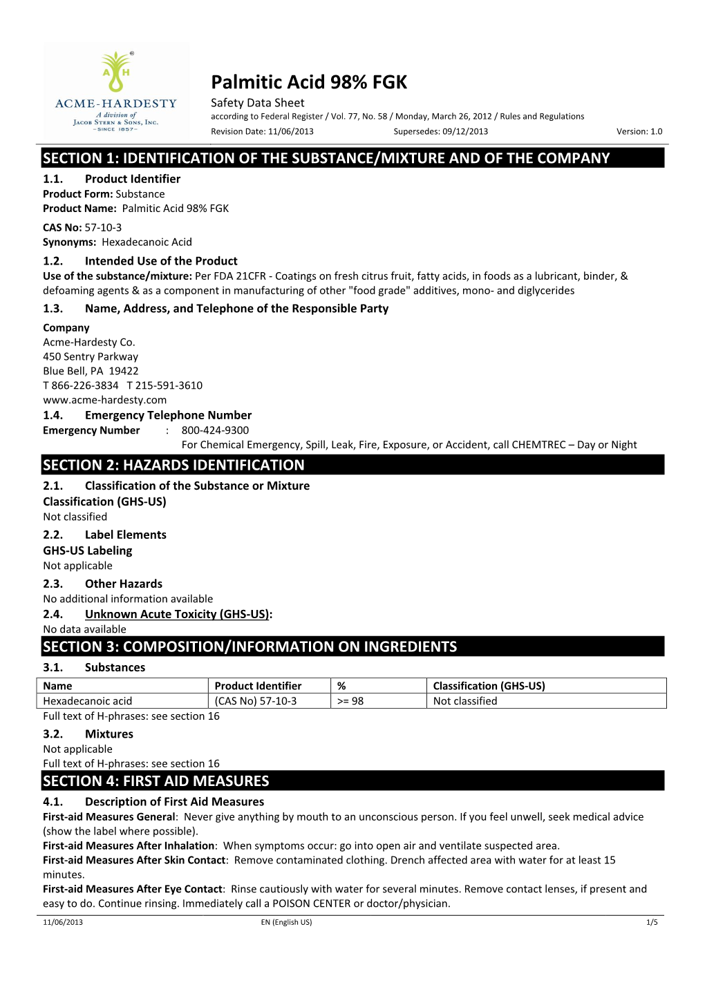 Palmitic Acid 98% FGK Safety Data Sheet According to Federal Register / Vol