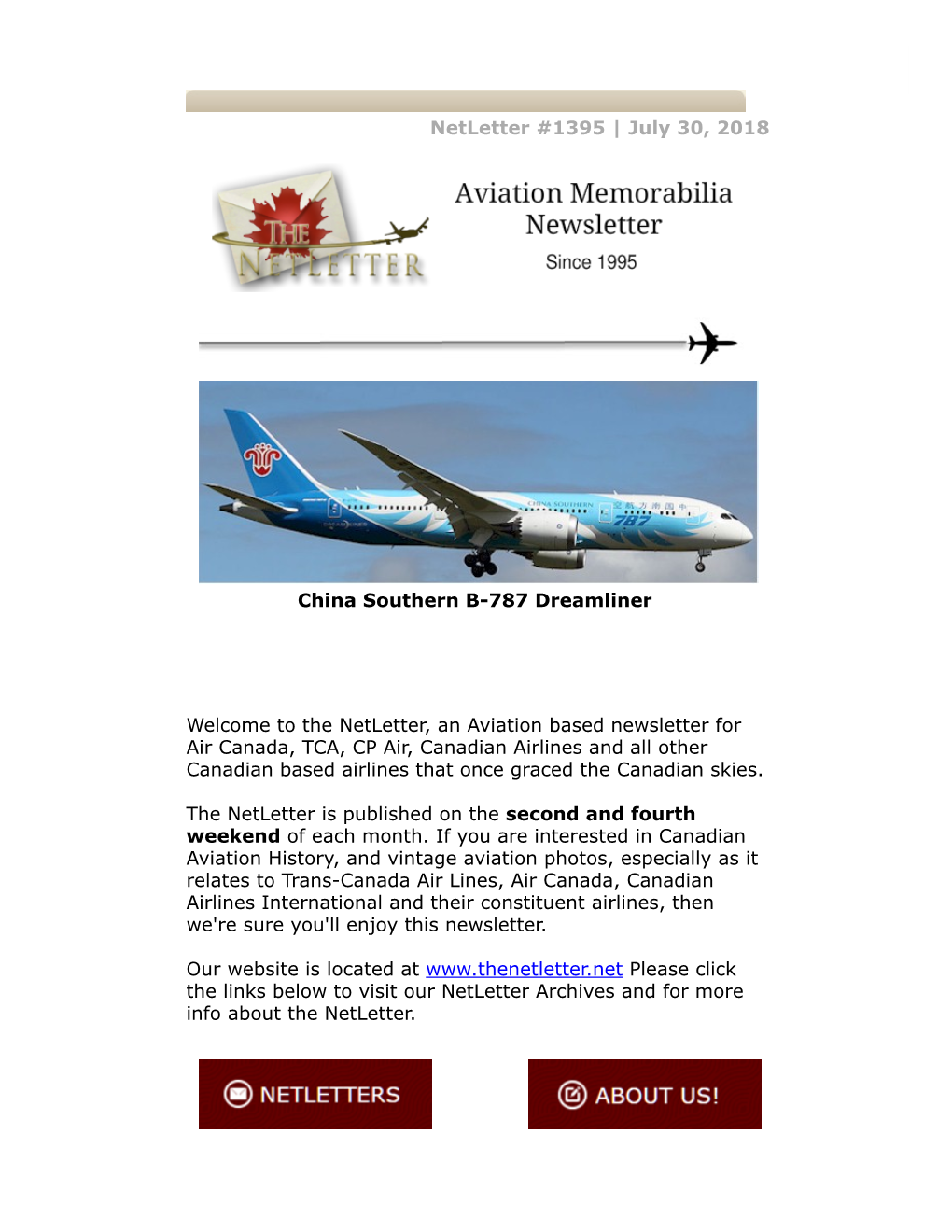 Netletter #1395 | July 30, 2018 China Southern B-787 Dreamliner