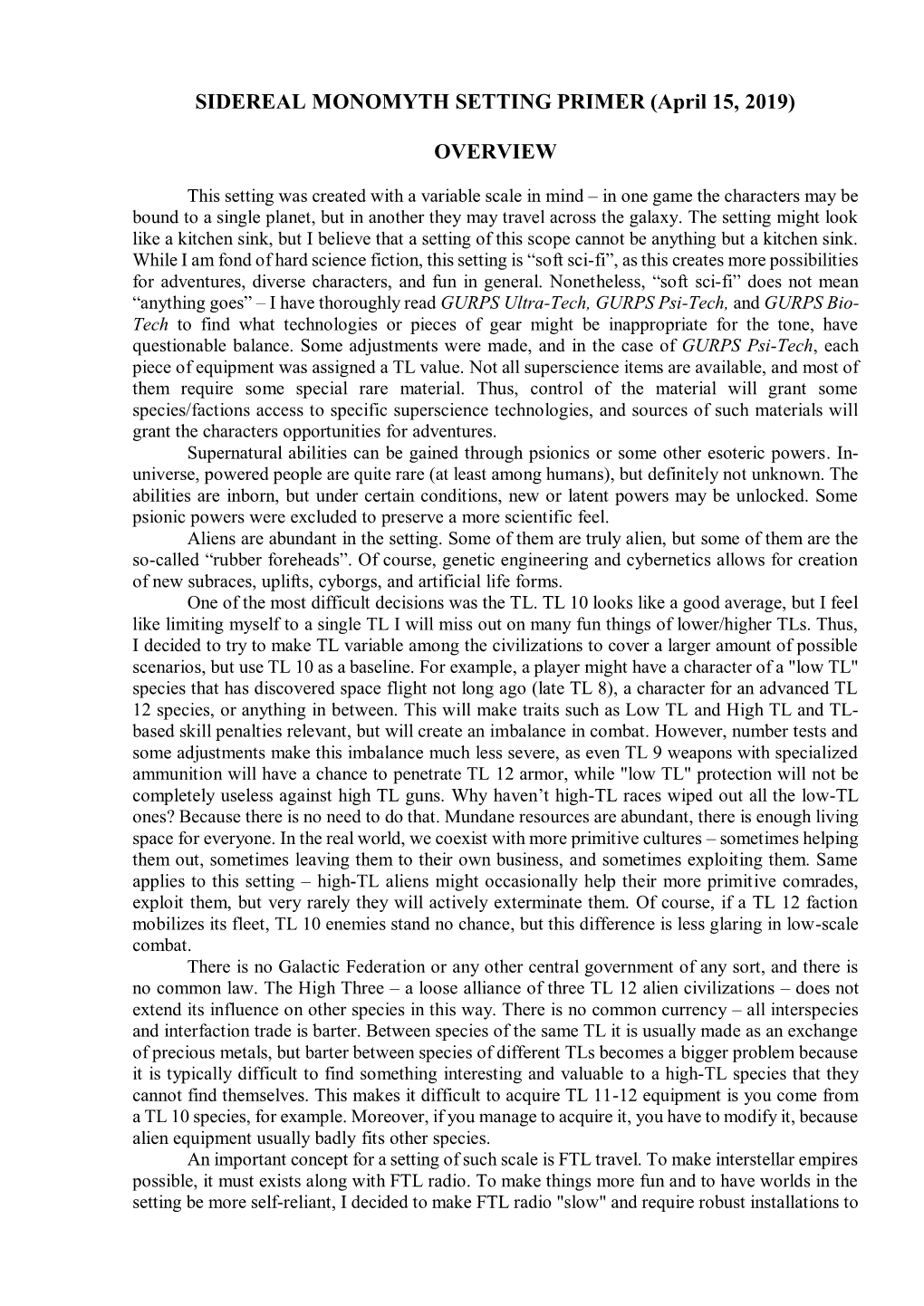 SIDEREAL MONOMYTH SETTING PRIMER (April 15, 2019) OVERVIEW