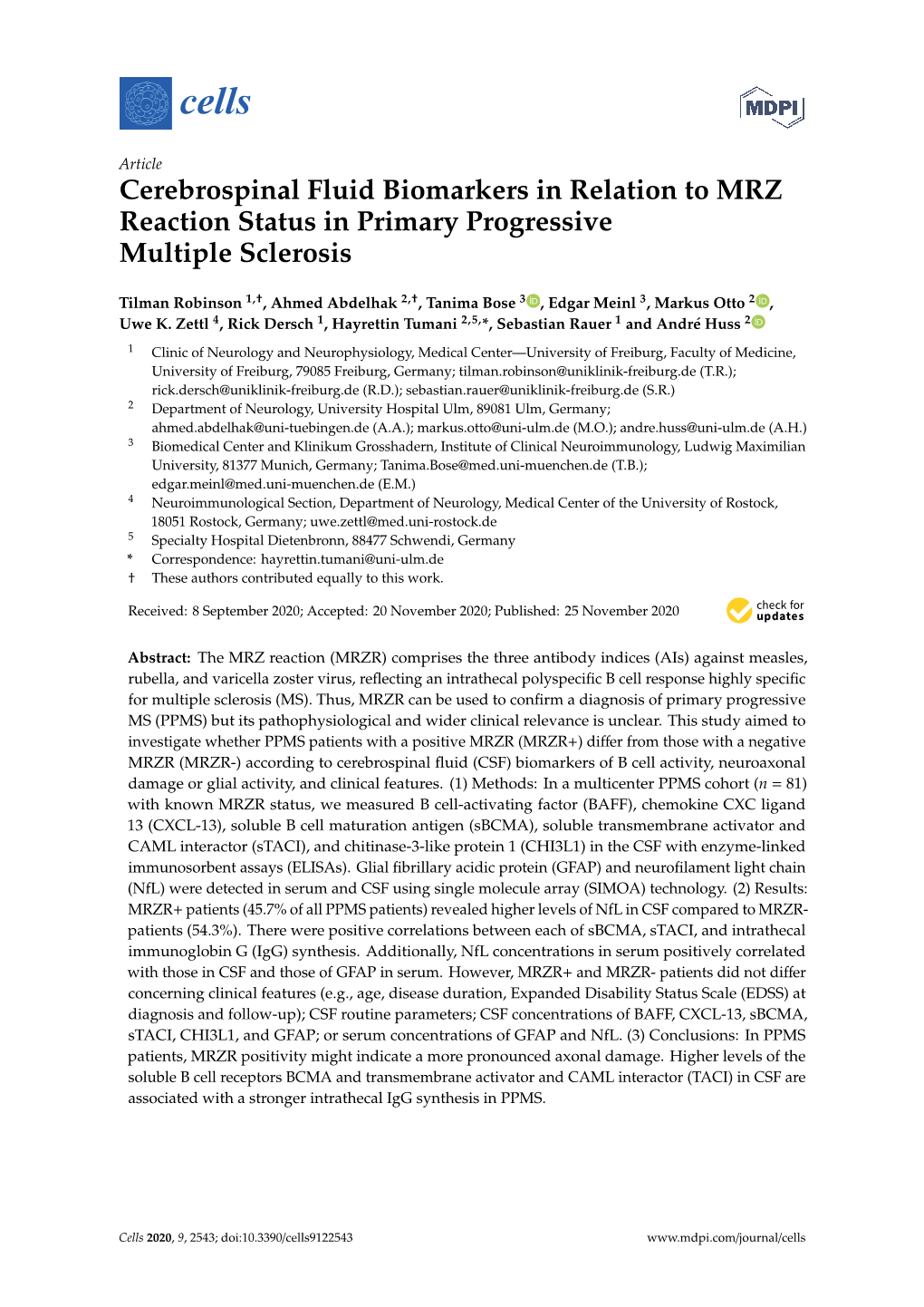 Cerebrospinal Fluid Biomarkers in Relation to MRZ Reaction Status in Primary Progressive Multiple Sclerosis