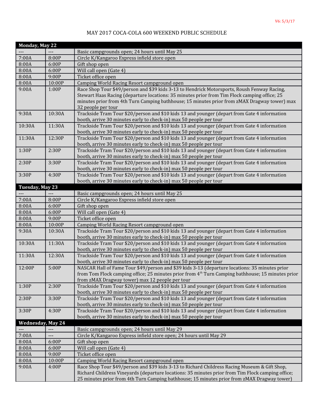 May 2017 Coca-Cola 600 Weekend Public Schedule