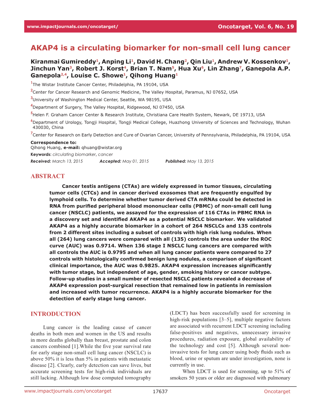 AKAP4 Is a Circulating Biomarker for Non-Small Cell Lung Cancer