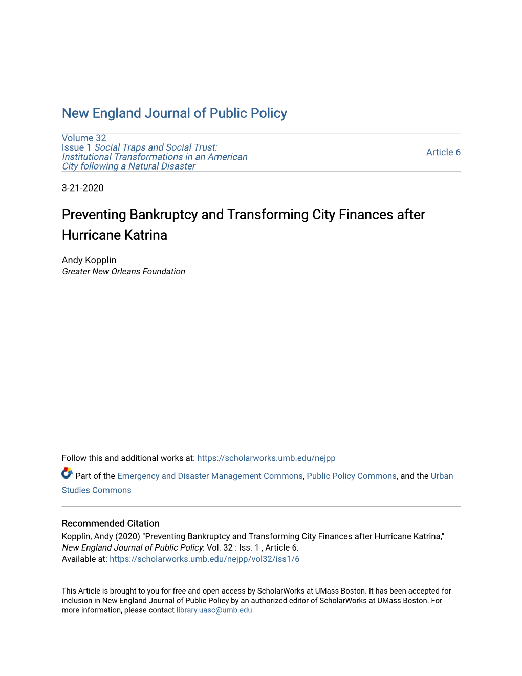 Preventing Bankruptcy and Transforming City Finances After Hurricane Katrina