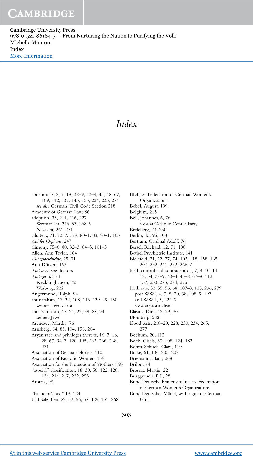 Cambridge University Press 978-0-521-86184-7 — from Nurturing the Nation to Purifying the Volk Michelle Mouton Index More Information